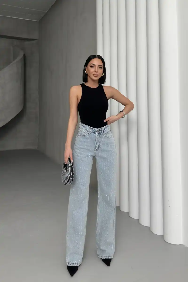 Taşlı Gizli Arka Cep Detaylı Palazzo Jean